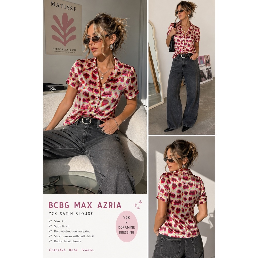 BCBG Max Azria XS Colorful Satin Blouse Y2K Dopamine Dressing Animal Print